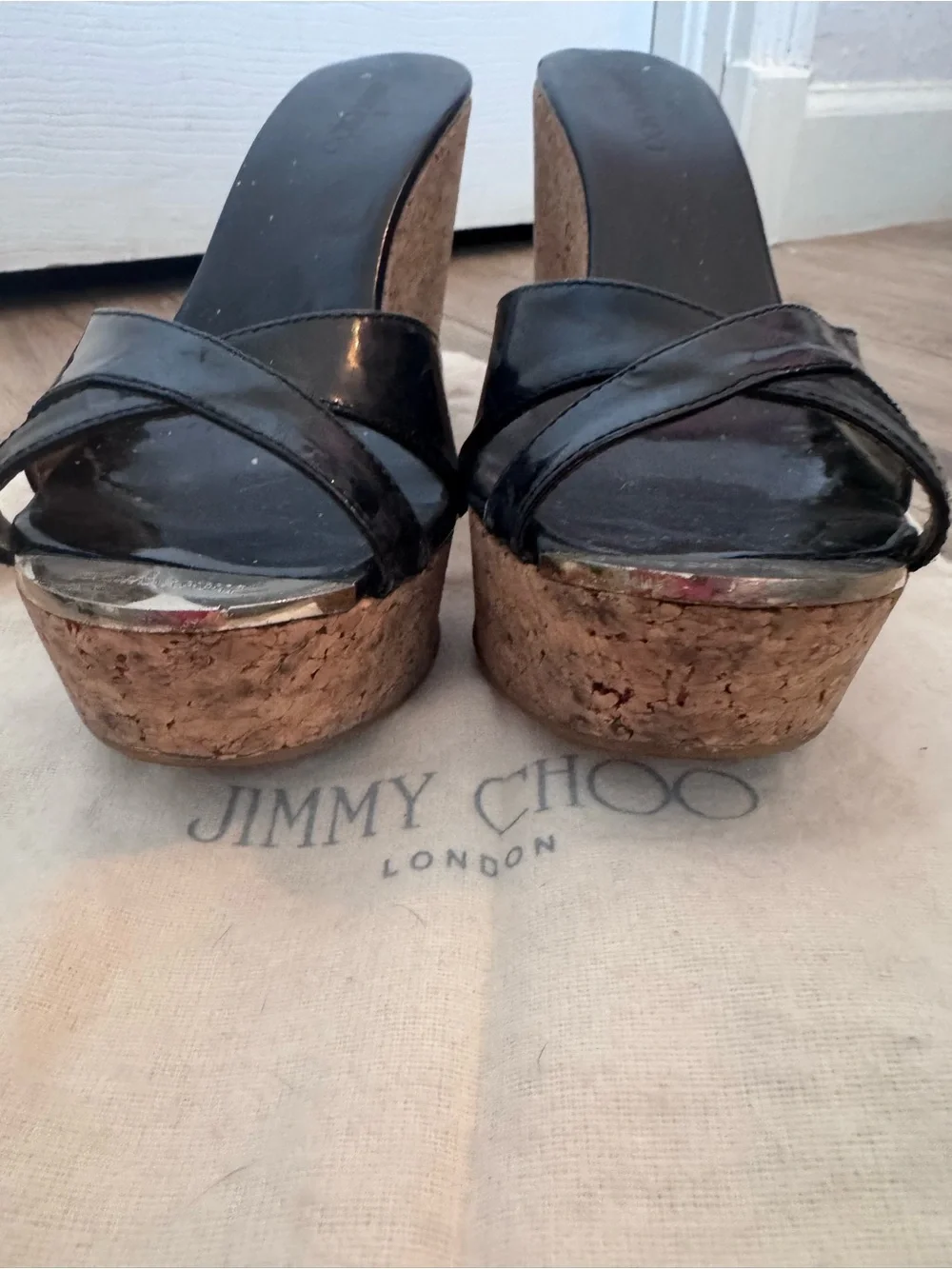 Jimmy Choo Black Patent Cork Platform Slide Sandals